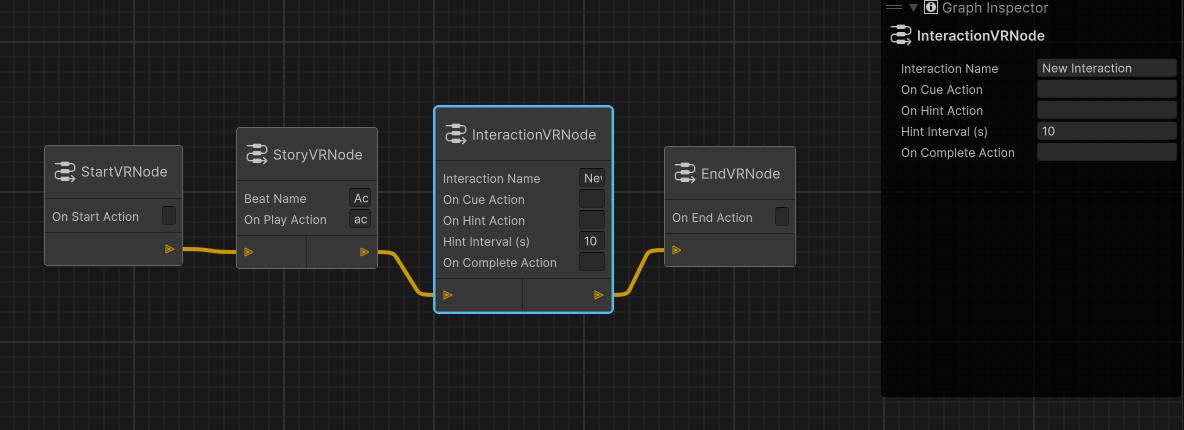 Node-based story graph sequencing story beats and VR interactions